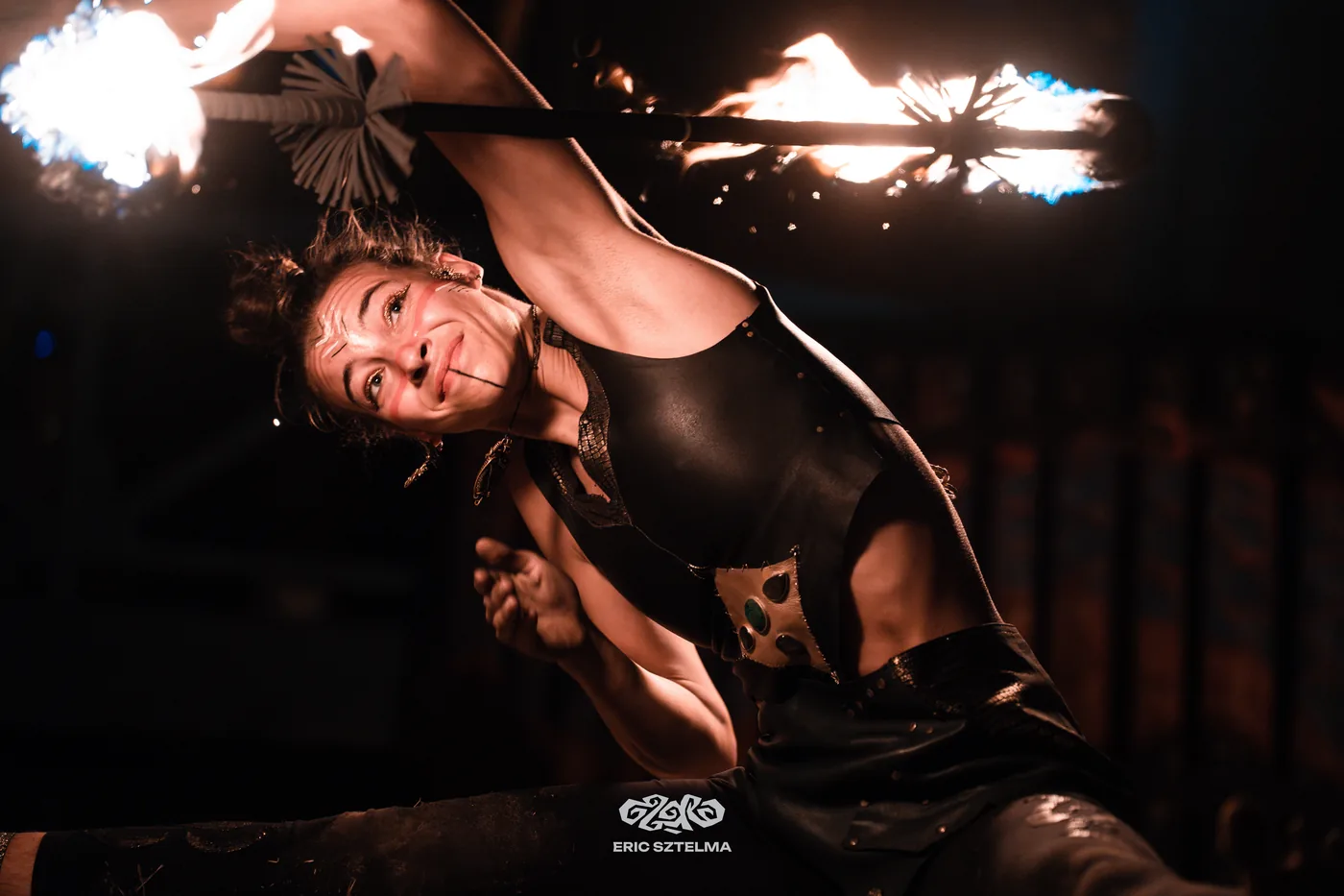Fire performance on stage at Ozora Festival